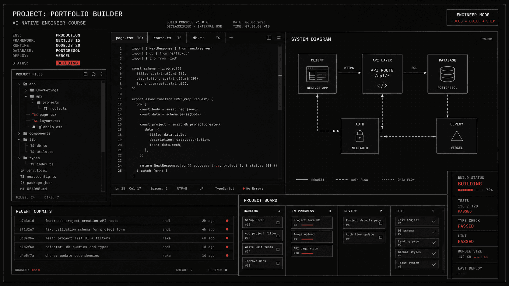 Ilustrasi technical workspace AI Native Engineer dengan code editor, system diagram, recent commits, dan project board